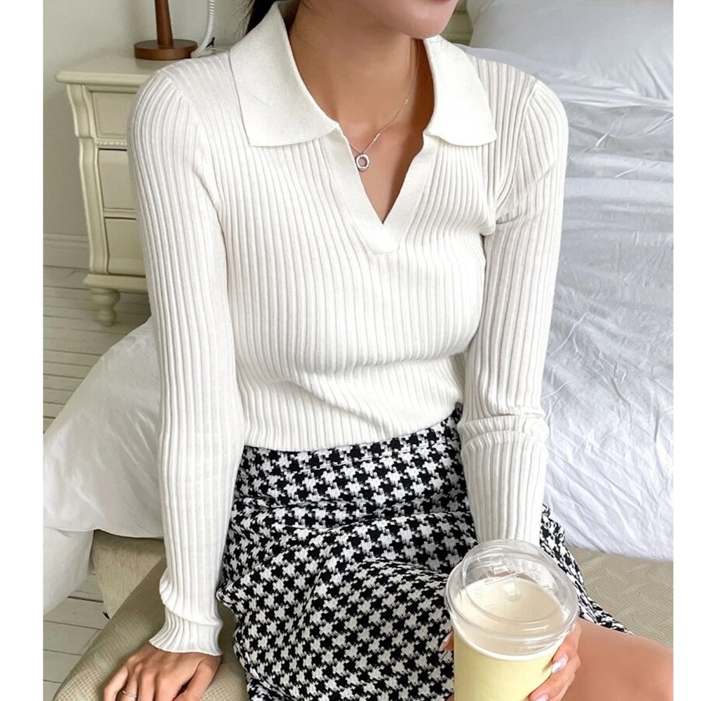 White Rib Knit Polo Long Sleeve Sweater Shirt